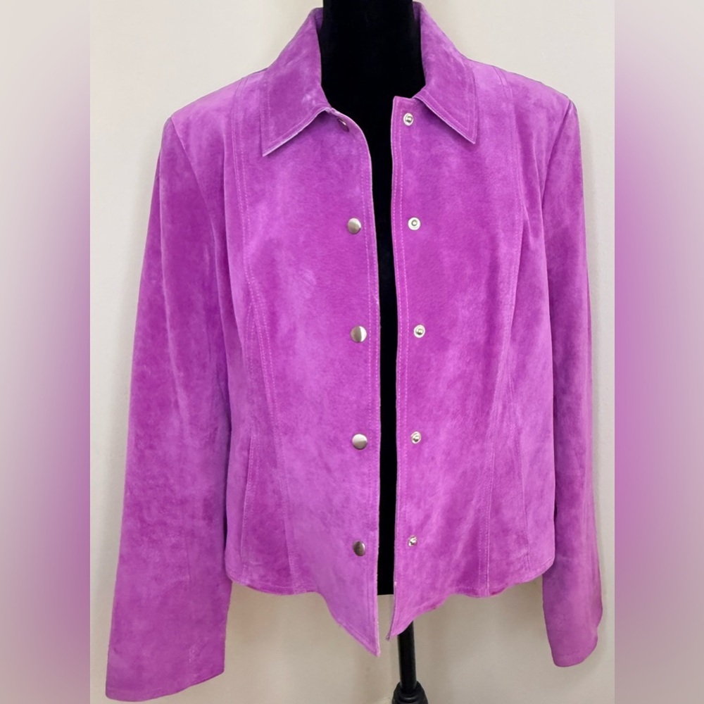 Vintage Anne Klein pink purple suede moto jacket snap close collar pockets 14 EC - Picture 8 of 10